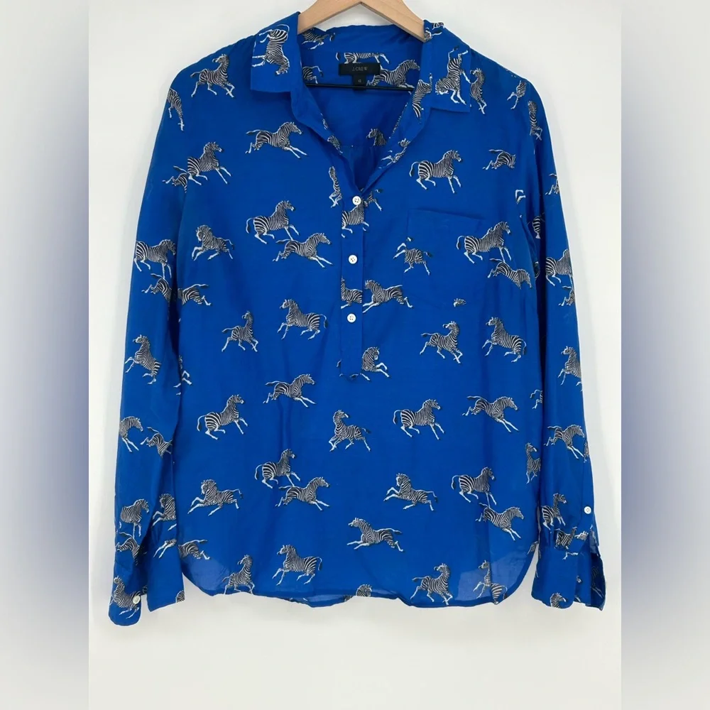 J.Crew Zebra Print Button Up Shirt |Cobalt Blue | Size 12 | Silk Blend - Picture 3 of 11